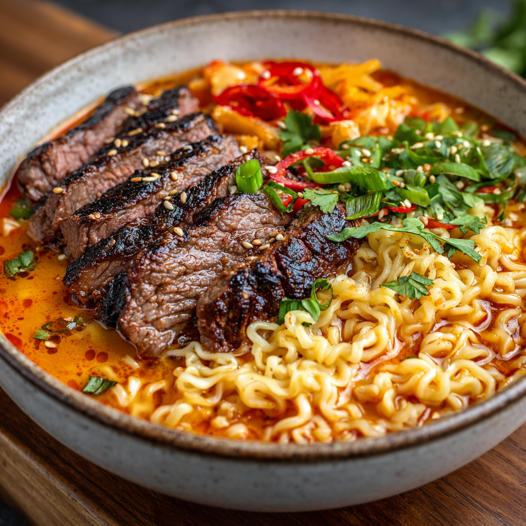 Spicy Korean Ramen with Grilled Beef & Creamy Sauce