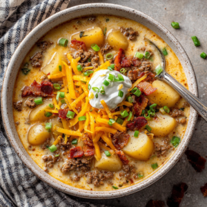 Read more about the article Cheesy Hamburger Potato Soup — A Creamy, Hearty Comfort Dinner