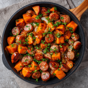 Read more about the article Sausage and Sweet Potatoes with Honey Garlic Sauce