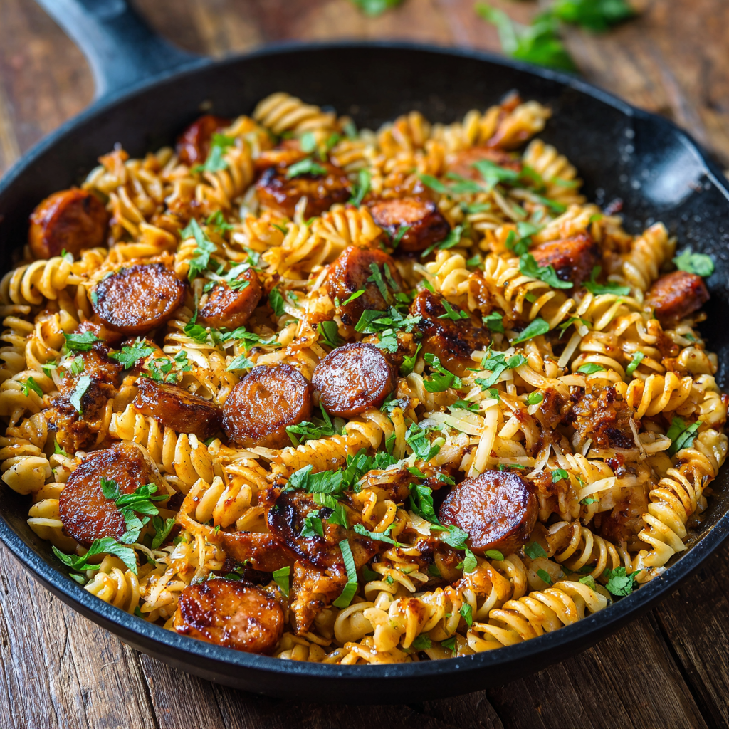 You are currently viewing One-Skillet Spicy Honey BBQ Sausage & Pasta