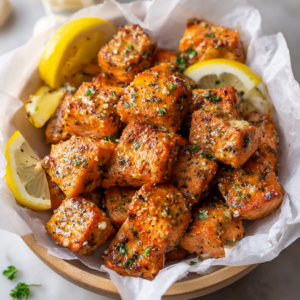 Read more about the article Air Fryer Salmon Bites (Lemon Garlic Butter)