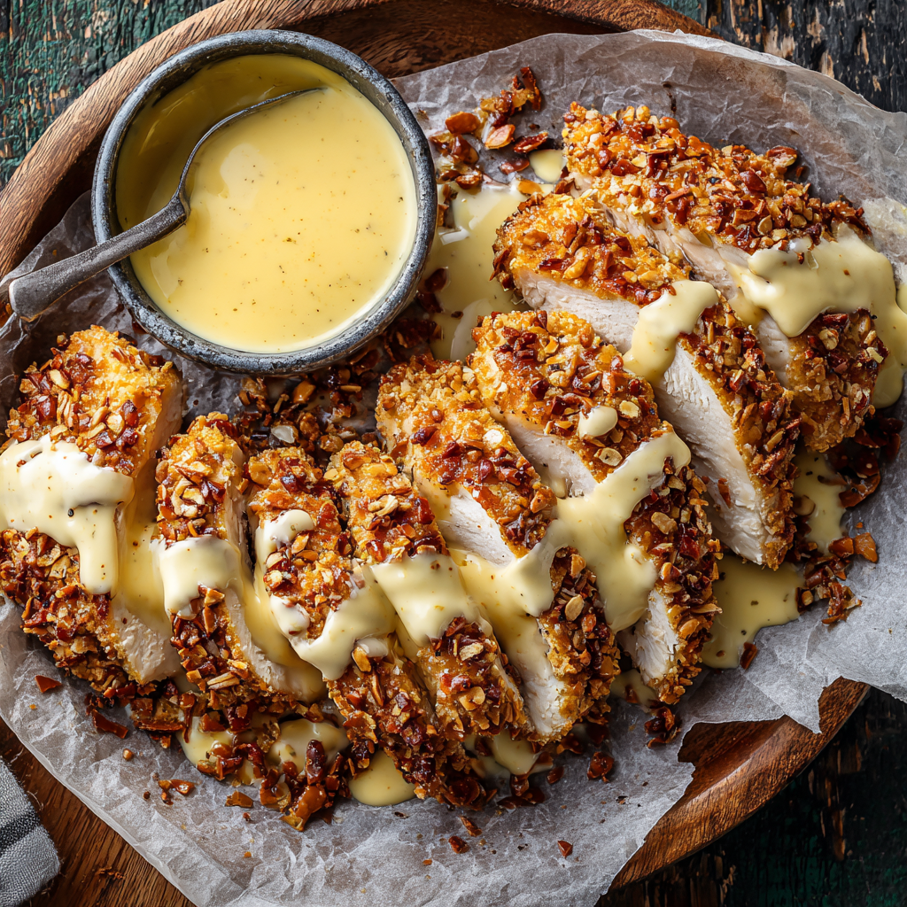 You are currently viewing Pretzel Chicken with Mustard-Cheddar Sauce