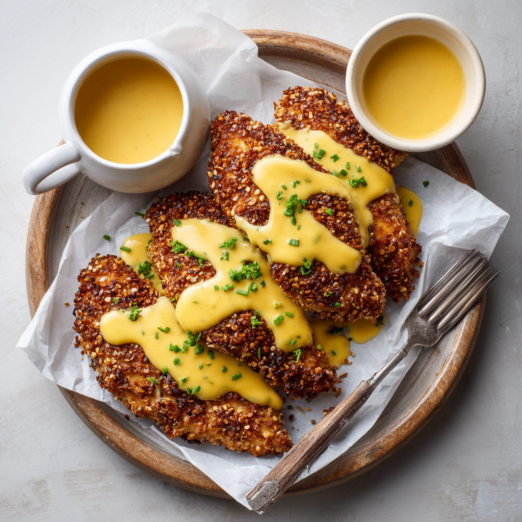 You are currently viewing Pretzel Crusted Chicken with Mustard-Cheddar Sauce