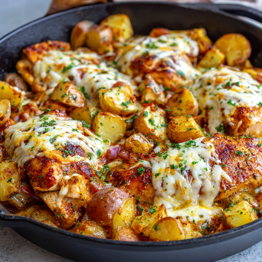 You are currently viewing Garlic Parmesan Chicken and Potatoes Skillet